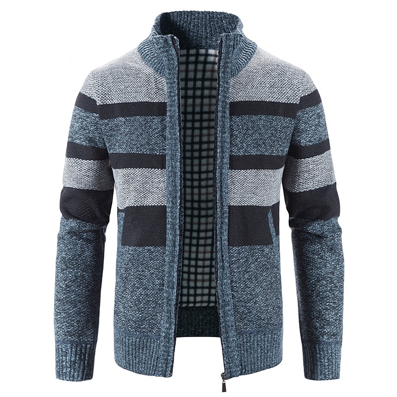 Men's Sweater Cardigan Sweater Zip Sweater Sweater Jacket Ribbed Knit Knitted Color Block Stand Collar Fashion Casual Sports Daily Wear Clothing Apparel Fall & Winter Navy Blue Blue M L XL2