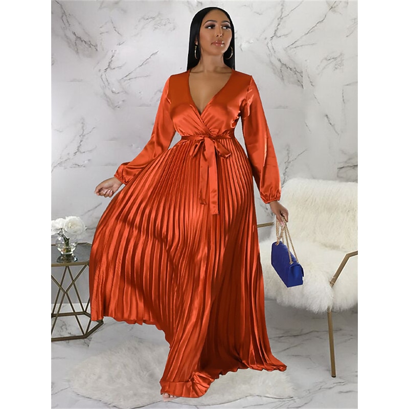 Women's Long Dress Maxi Dress Party Dress Sheath Dress Swing Dress Pure Color Fashion Romantic Party Wedding Guest Cocktail Party Pleated With Belt Long Sleeve V Neck Dress Regular Fit Black White4
