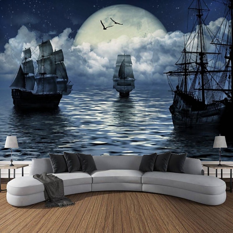Nature Landscape Hanging Tapestry Wall Art Marine Sailing Moon Large Tapestry Mural Decor Photograph Backdrop Blanket Curtain Home Bedroom Living Room Decoration Pirate4