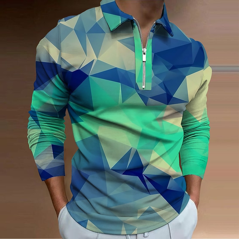 Men's Geometric Zip Polo Shirts Golf Shirt Long Sleeve Polo Shirts Collared Shirts Casual Vacation Wear Formal Wear Festival Wear 3D Print Quarter Zip Polo Yellow Blue Purple3