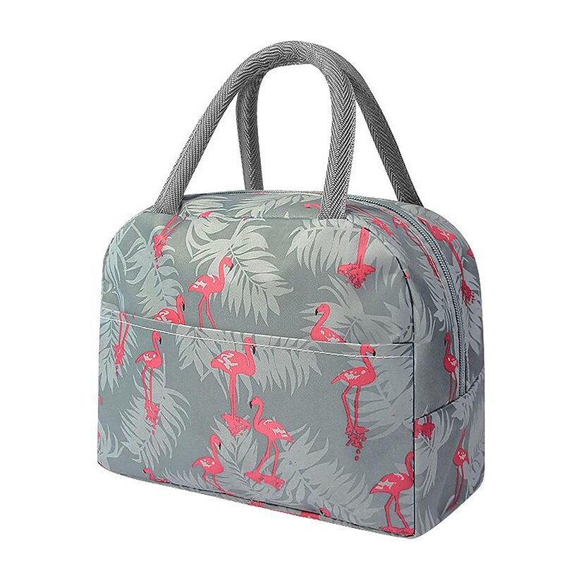 Men's Women's Lunch Bag Oxford Cloth Aluminum Foil Outdoor Office Daily Zipper Print Tiered Insulated Large Capacity Waterproof Solid Color Striped Flamingos Leaf Grey Flamingo Green flamingo2