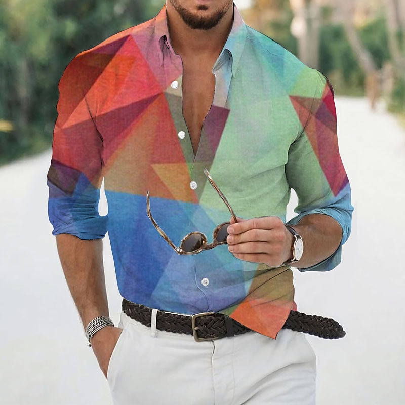 Men's Geometric Pattern Geometry Shirt Button Up Shirt Long Sleeve Fashion Designer Casual Outdoor Casual Daily Fall & Winter Turndown Print Button-Down Yellow Light Green Royal Blue Blue Purple4