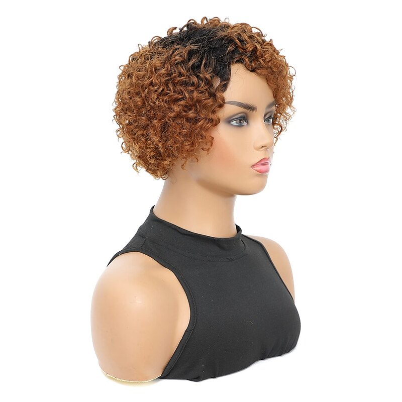 Curly Wig Blonde Human Hair Wigs 8 inch Short Bob Pixie Cut Brazilian Human Hair Wig Honey Blonde With Dark Roots Afro Kinky None Lace Front Wigs for Women Deep Wave Side Part Wig4