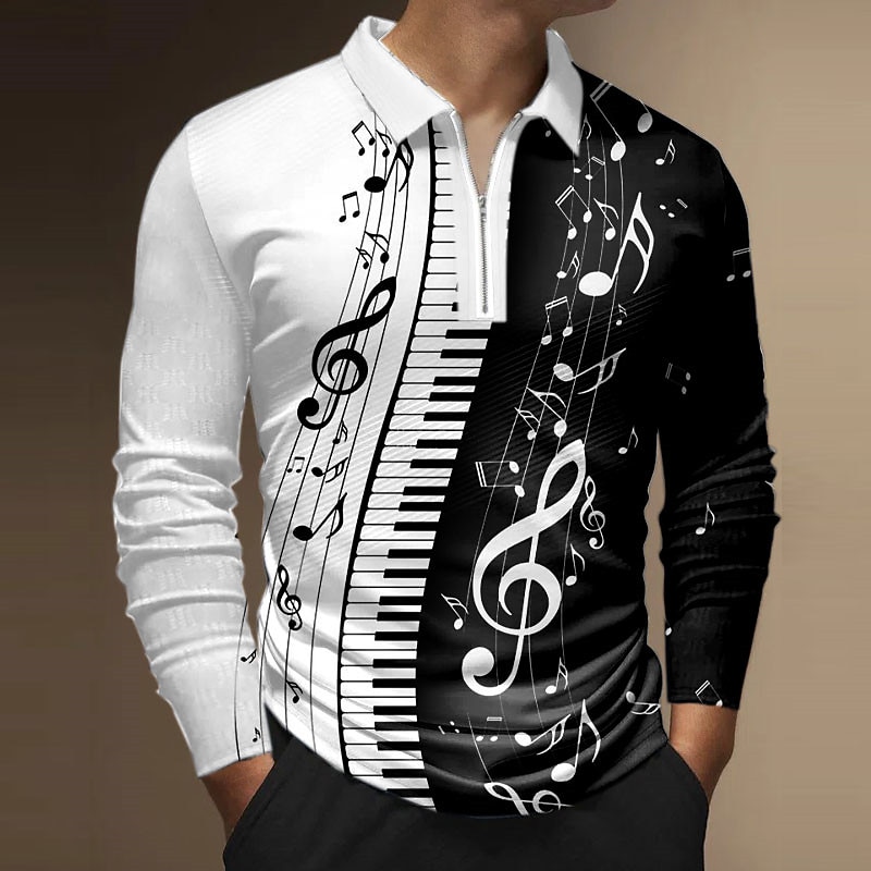 Music Festival Men's Music Zip Polo Shirts Golf Shirt Long Sleeve Polo Shirts Collared Shirts Casual Vacation Wear Festival Wear Party Outfits 3D Print Quarter Zip Polo Black Red Blue