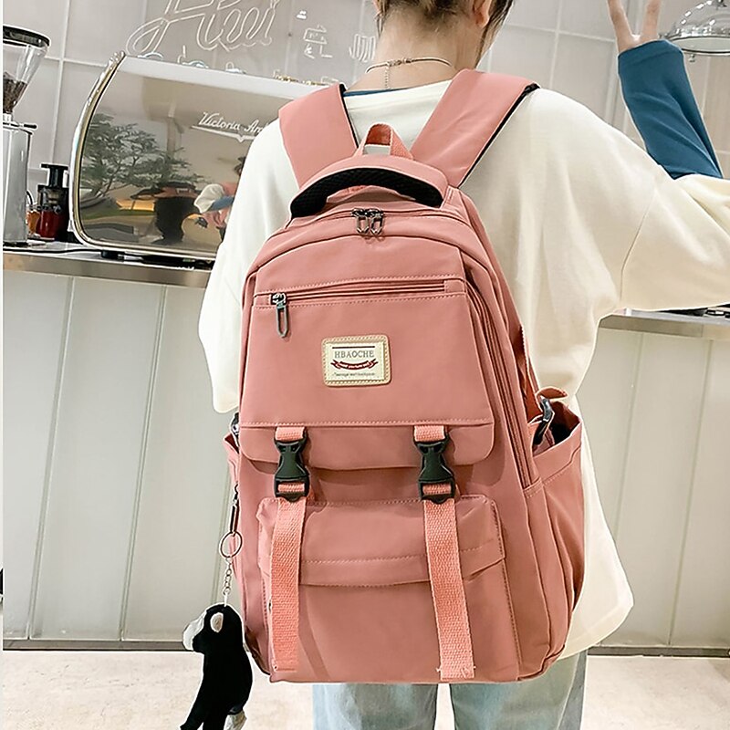 Pink Waterproof School Bags  Nylon Backpack with Plush Monkey Keychain - Stylish and Durable School Bag with Multiple Pockets for Travel and Everyday Use