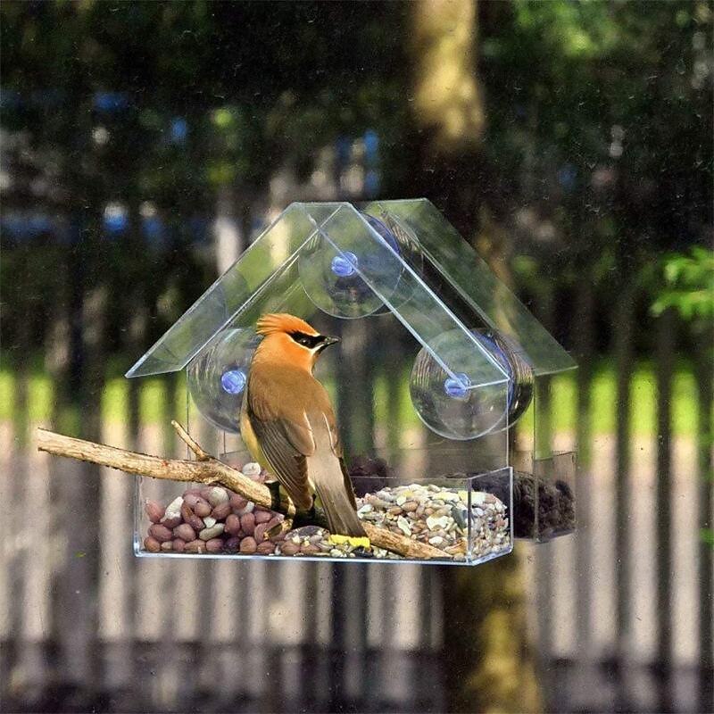 Window Bird Feeder Weatherproof Outdoor Bird Feeders with 3 Section Tray and Roof Cover, Hangout Clear Bird House, Large Outside Hanging Birdhouse4