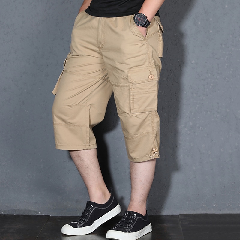 Men's Cargo Shorts Shorts Capri Pants Hiking Shorts Leg Drawstring Multi Pocket Plain Comfort Wearable Calf-Length Casual Daily Going out 100% Cotton Sports Stylish ArmyGreen Black4