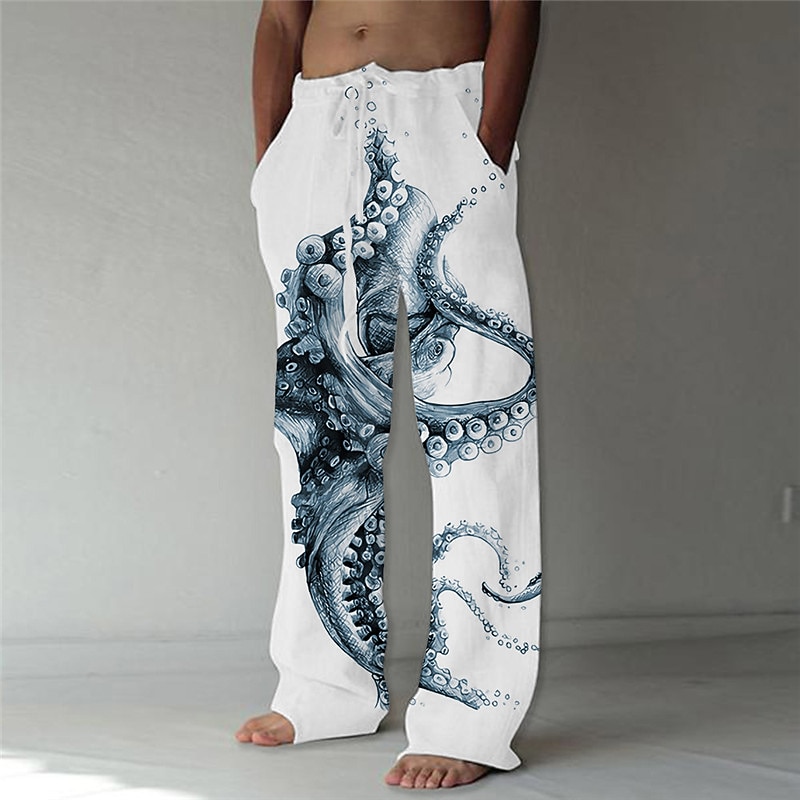 Men's Trousers Summer Pants Beach Pants Drawstring Elastic Waist Straight Leg Animal Graphic Prints Comfort Casual Daily Holiday Streetwear Designer Blue Gray2