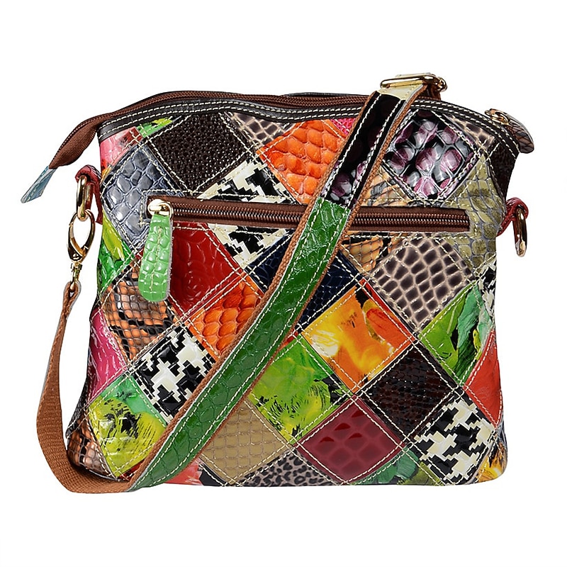 Women's Colorful Patchwork Leather Shoulder Bag - Bohemian Style Handbag with Floral Accents2