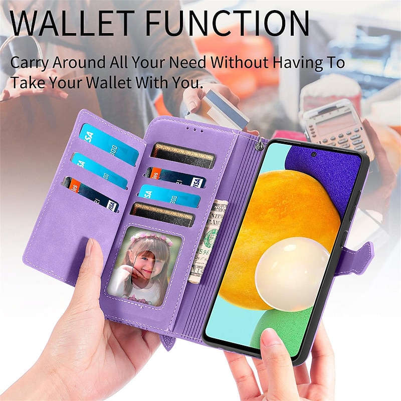Phone Case For Samsung Galaxy S25 S23 S22 S21 FE S21 Ultra Plus A34 A54 A33 A13 S20 Wallet Case Flip Zipper with Wrist Strap Solid Colored PU Leather2