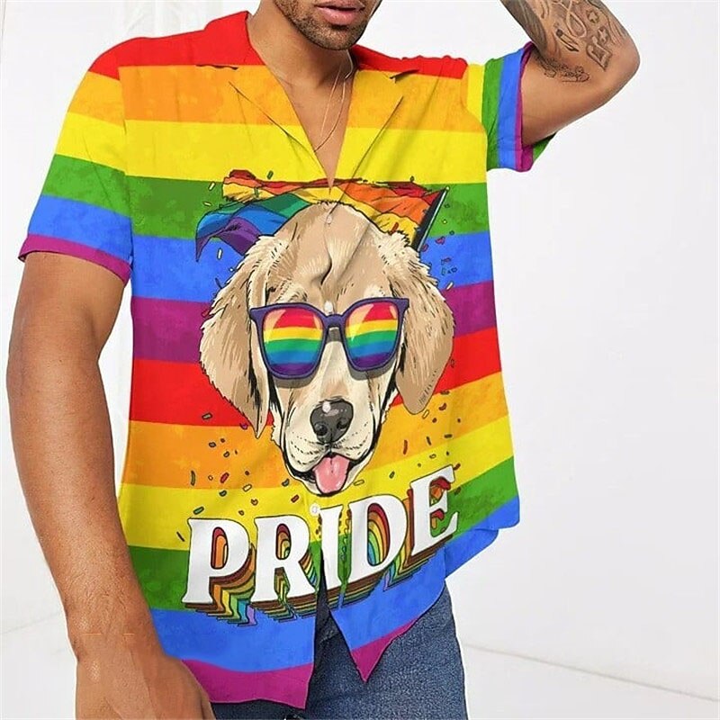 Men's Rainbow Dog Striped Shirt Summer Hawaiian Shirt Aloha Shirt Short Sleeve Tropical Fashion Hawaiian Casual Hawaiian Going out Summer Spring Turndown Print Button-Down Rainbow4