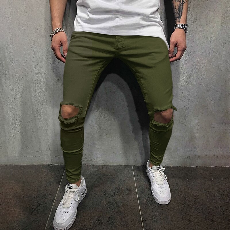 Men's Trousers Casual Pants Ripped Straight Leg Solid Colored Comfort Soft Outdoor Daily Streetwear Casual Black White Micro-elastic4