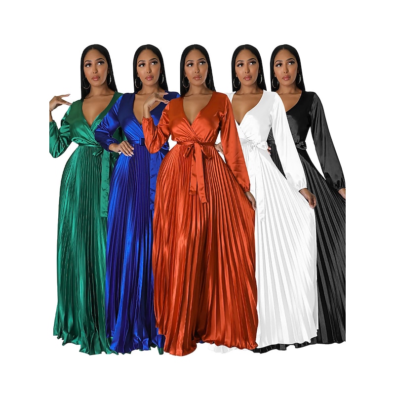Women's Long Dress Maxi Dress Party Dress Sheath Dress Swing Dress Pure Color Fashion Romantic Party Wedding Guest Cocktail Party Pleated With Belt Long Sleeve V Neck Dress Regular Fit Black White
