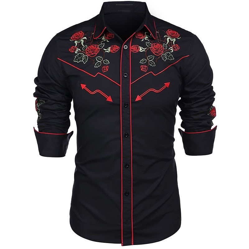 Men's Graphic Prints Rose Shirt Western Shirt Cowboy Shirt Long Sleeve Fashion Streetwear Designer Outdoor Daily Fall & Winter Turndown Print Button-Down Black White Khaki
