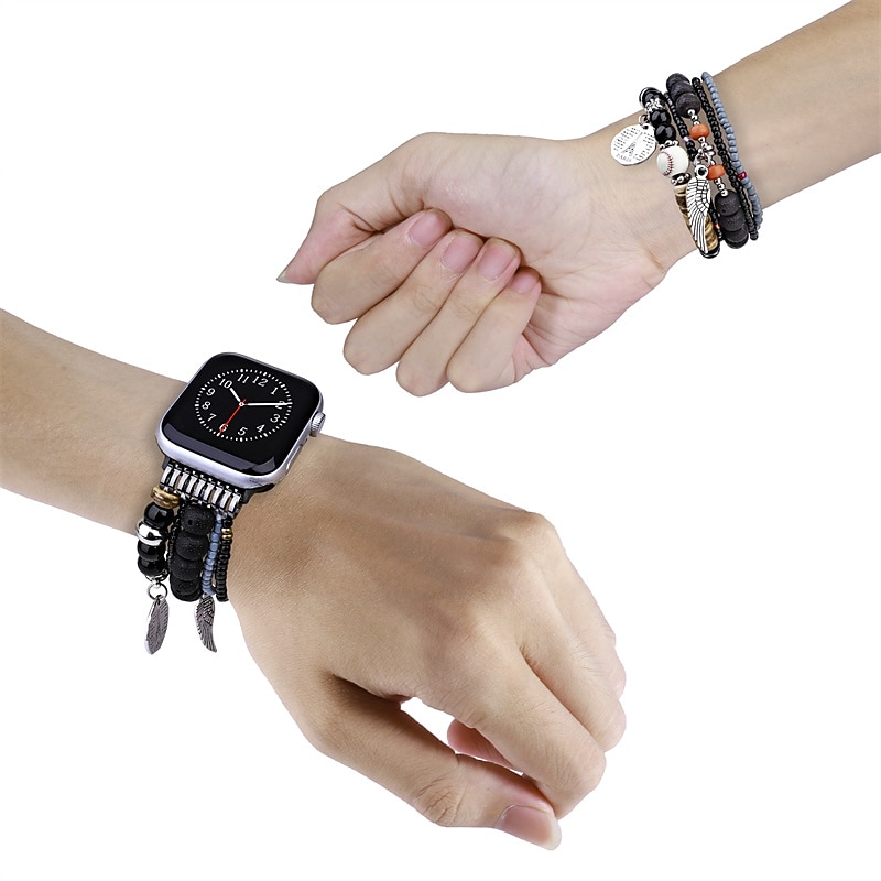 Handmade Braided Rope Compatible with Apple Watch band 38mm 40mm 41mm 42mm 44mm 45mm 49mm Women Beaded Boho Beads Strap Replacement Wristband for iwatch Ultra 2 Series 9 8 7 SE 6 5 4 3 2 12