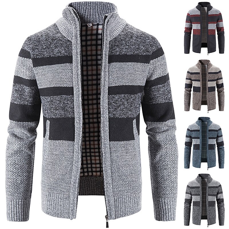 Men's Sweater Cardigan Sweater Zip Sweater Sweater Jacket Ribbed Knit Knitted Color Block Stand Collar Fashion Casual Sports Daily Wear Clothing Apparel Fall & Winter Navy Blue Blue M L XL