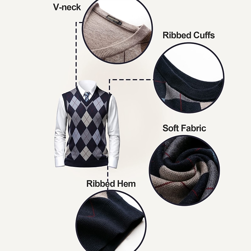 Men's Sweater Sweater Vest Mens Dress Sweaters Pullover Ribbed Knit Knitted Plaid V Neck Stylish Casual Daily Wear Vacation Clothing Apparel Spring &  Fall Camel Wine M L XL4
