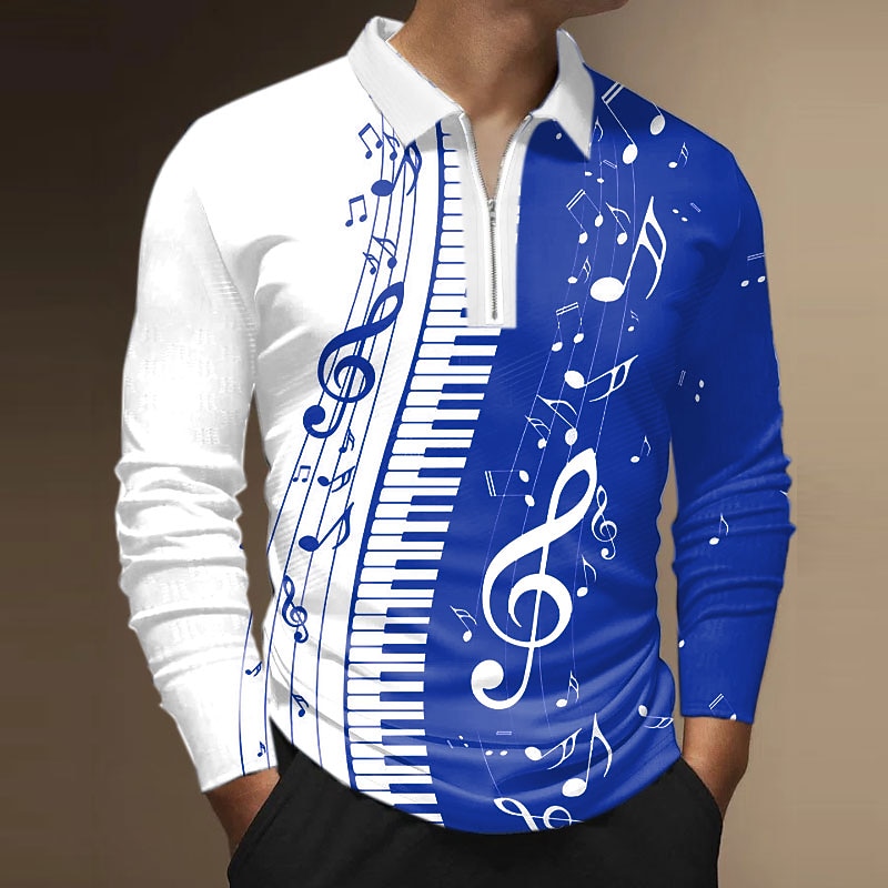 Music Festival Men's Music Zip Polo Shirts Golf Shirt Long Sleeve Polo Shirts Collared Shirts Casual Vacation Wear Festival Wear Party Outfits 3D Print Quarter Zip Polo Black Red Blue3
