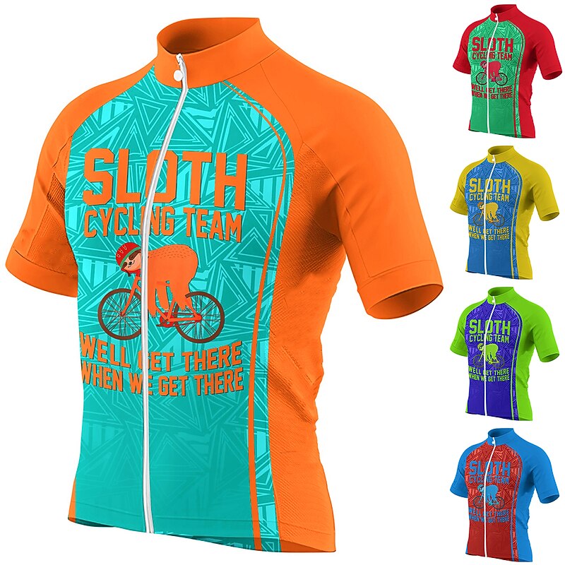 Men's Cycling Jersey Funny Sloth Short Sleeve Bike Jersey Top with 3 Rear Pockets Mountain Bike MTB Road Bike Cycling Quick Dry Reflective Strips Back Pocket Moisture Wicking Sports Blue Orange Green