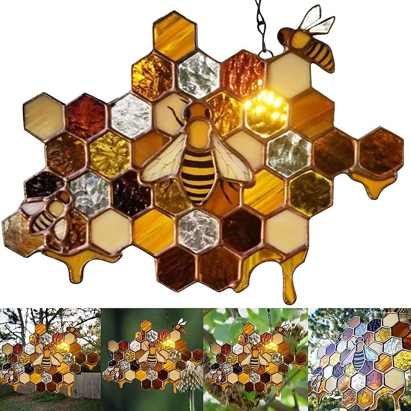 Bee Honeycomb Stained Honeybee Window Hangings Ornament Suncatcher, Beehive Stained Panel Handcrafted Modern Sunflower Stained Window Hangings Colorful Bee Pendant Art Ornaments3