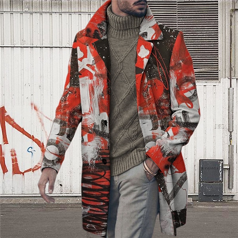 Men's Graphic Prints Graffiti Winter Coat Overcoat Coat Warm Comfortable Breathable Fashion Streetwear Business Work Wear to work Going out Pocket Print Fall & Winter Turndown Long Sleeve Red Blue