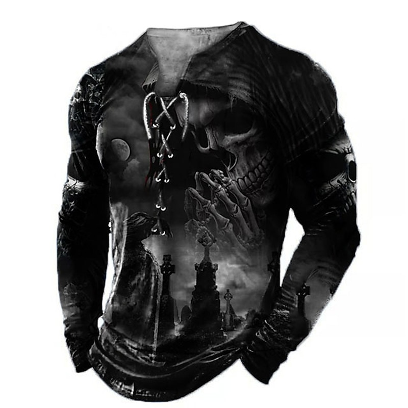 Men's T shirt Tee Tee Graphic Skulls Collar Clothing Apparel 3D Print Casual Daily Going out Long Sleeve Lace up Print Fashion Designer Comfortable