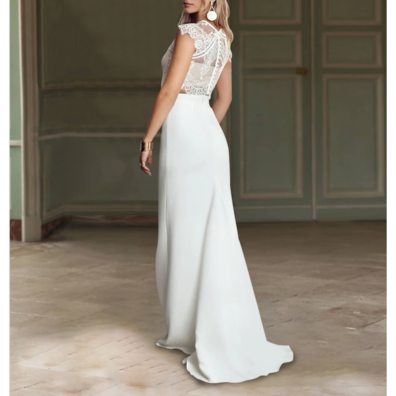 Beach Boho Wedding Dresses Mermaid Illusion Neck Cap Sleeve Sweep / Brush Train Chiffon Bridal Suits Bridal Gowns With Appliques2