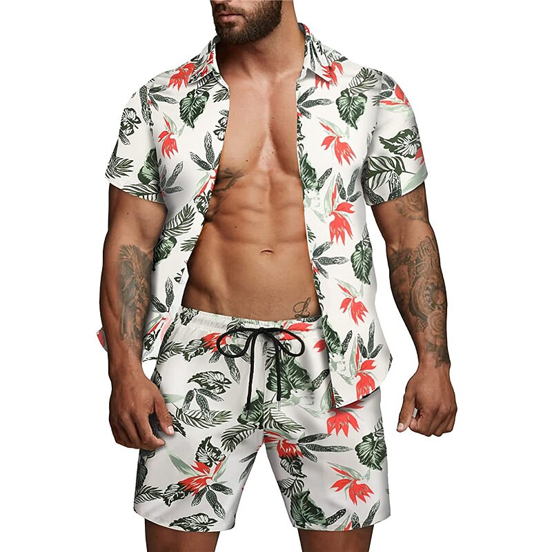 Men's Floral Leaves Tropical Plants 2pcs Shirts Sets Summer Hawaiian Shirt Short Sleeve Short Pants Turndown Tropical Fashion Hawaiian Street Casual Hawaiian Print Summer Spring Black White Brown4
