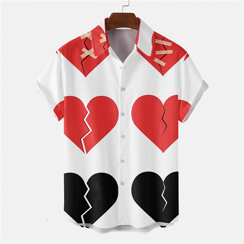 Men's Heart Shirt Button Up Shirt Short Sleeve Tropical Fashion Hawaiian Casual Holiday Beach Summer Spring Turndown Print Button-Down Black White Wine Red Rainbow3