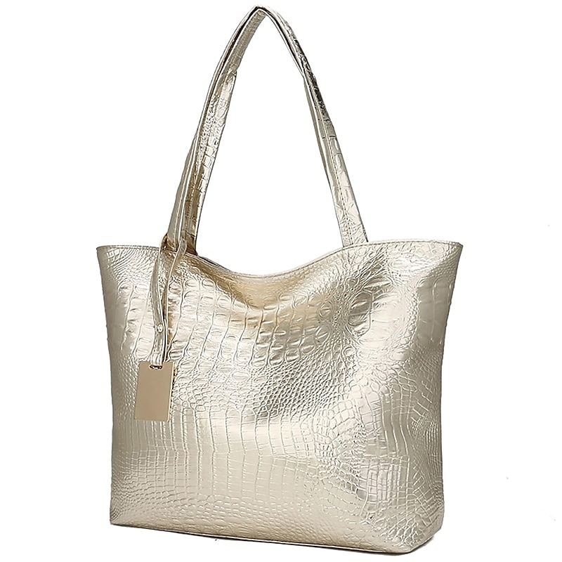 Women's Silver Croc Embossed Tote Bag | Large Capacity Faux Leather Shoulder Handbag for Everyday and Office Use – Stylish and Versatile4