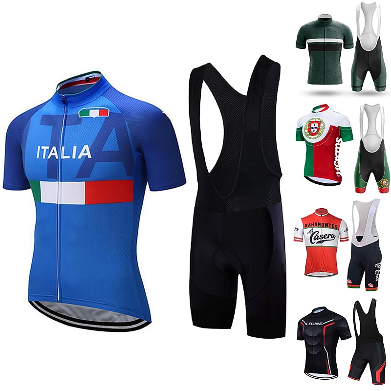 Men's Cycling Jersey with Bib Shorts Short Sleeve Mountain Bike MTB Road Bike Cycling Black Dark Green Blue White Italy National Flag Bike Clothing Suit UV Protection Breathable Quick Dry Anatomic