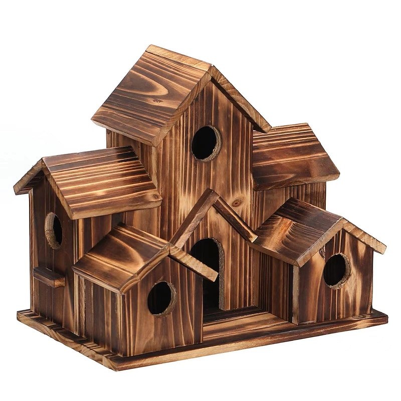 Bird House for Outside, 6 Holes Handmade Wooden Bird House, Retro Villa Style Large Bird House for Outside Birds, Backyard Patio Decorations4