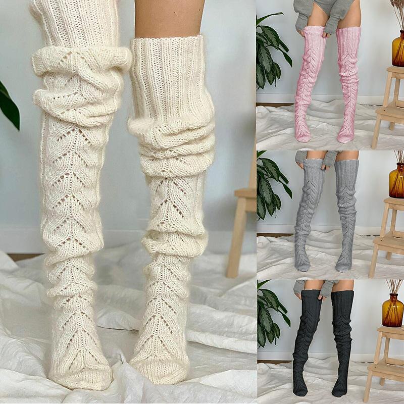 Women's Stockings Thigh-High Crimping Socks Winter Tights Thermal Warm High Elasticity Hole Winter Black Pink Grey One-Size2