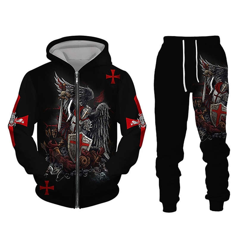 Men's Graphic Templar Cross 2pcs 3D Sweatshirt Sets Tracksuit Hoodies Long Sleeve Long pants Hooded Streetwear Designer Basic Sports & Outdoor Casual Sports Zipper Spring Fall Black White Wine3