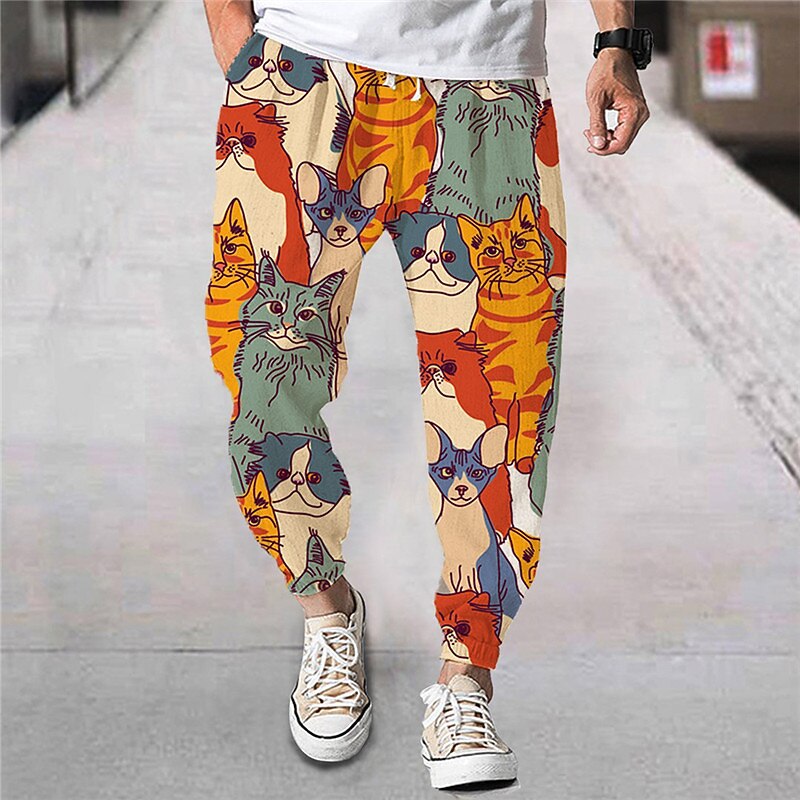 Men's Joggers Trousers Beach Pants Drawstring Elastic Waist Animal Cat Graphic Prints Comfort Breathable Sports Outdoor Casual Daily Streetwear Designer Yellow Orange Micro-elastic2