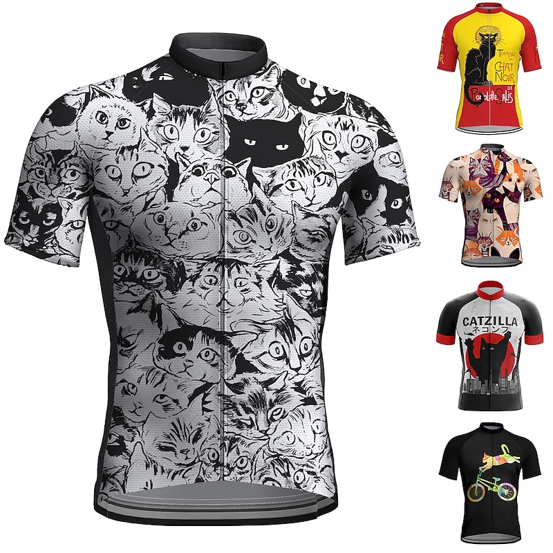 Men's Cycling Jersey Cat Funny Short Sleeve Bike Jersey Top with 3 Rear Pockets Mountain Bike MTB Road Bike Cycling Quick Dry Reflective Strips Back Pocket Moisture Wicking Sports Black Red Orange