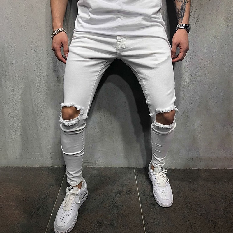 Men's Trousers Casual Pants Ripped Straight Leg Solid Colored Comfort Soft Outdoor Daily Streetwear Casual Black White Micro-elastic2