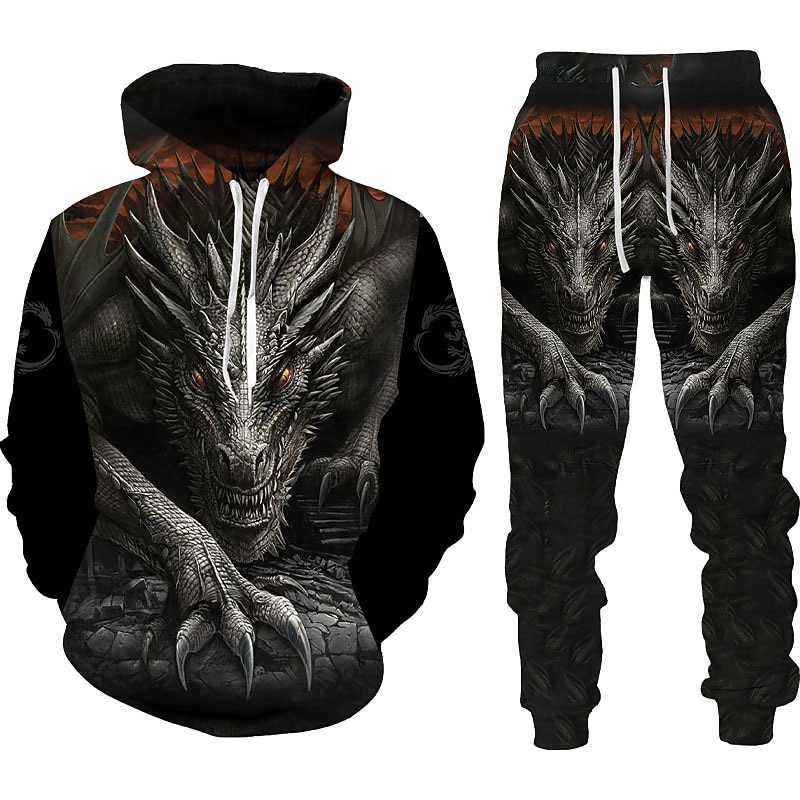 Men's Graphic Dragon 2pcs 3D Sweatshirt Sets Tracksuit Hoodies Long Sleeve Long pants Hooded Streetwear Designer Basic Sports & Outdoor Casual Sports Print Spring Fall Black Red Orange