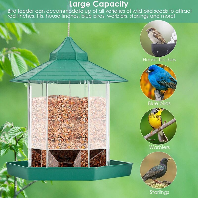 Bird Feeder, Plastic Hanging Wild Bird Feeder for Outdoor Garden Yard Patio Backyard Decoration, Hexagon Shaped with Roof2