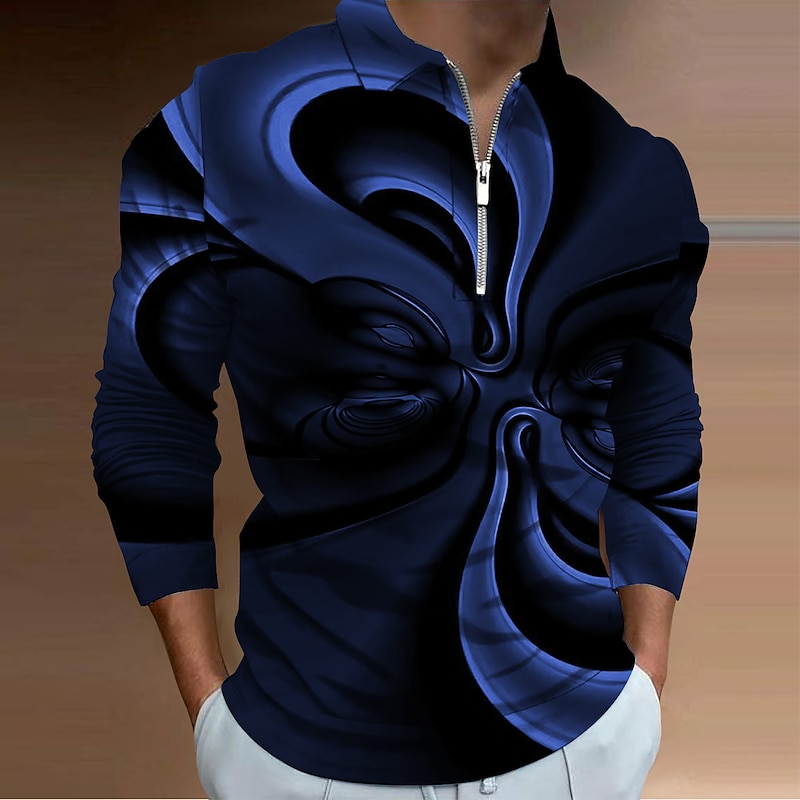 Men's Graphic Zip Polo Shirts Golf Shirt Long Sleeve Polo Shirts Collared Shirts Casual Vacation Wear Rave Wear Party Outfits 3D Print Quarter Zip Polo Black White Yellow3
