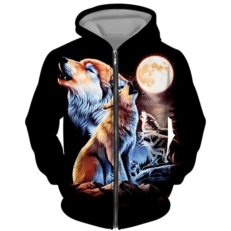 Men's Animal Wolf Graphic Prints Hoodie Hoodies Sweatshirt Streetwear Designer Long Sleeve Hooded Sports & Outdoor Daily Sports Black Brown Zipper Print Spring &  Fall Designer4
