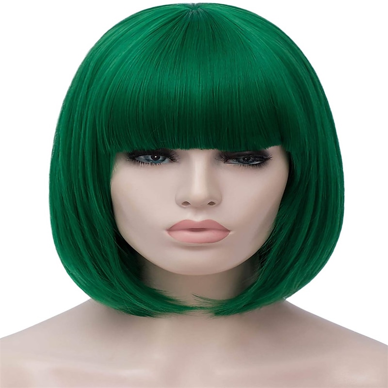 Green Wigs for Women 12'' Short Green Bob Wig with Bangs Natural Synthetic Soft Wig Cute Colored Wigs for St Patrick's Day Party Halloween St.Patrick's Day Wigs