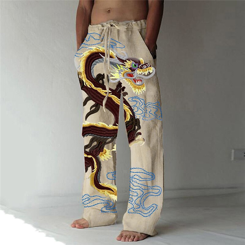 Men's Trousers Summer Pants Beach Pants Elastic Drawstring Design Front Pocket Straight Leg Dragon Graphic Prints Comfort Soft Casual Daily Fashion Big and Tall White Green4