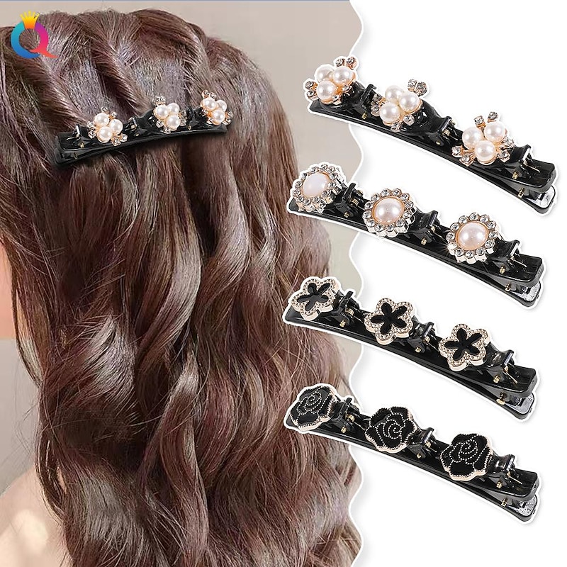 parkling Crystal Stone Braided Hair Clips with 3 Small Clips Pearl shaped hairpin duckbill clipBraided Hair Clip with Rhinestones for Women/Girls2