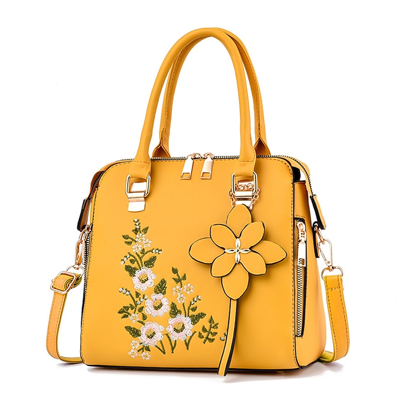 Women's Yellow Floral Embroidered Handbag with Flower Charm – Stylish and Functional Shoulder Bag for Daily Use and Special Occasions