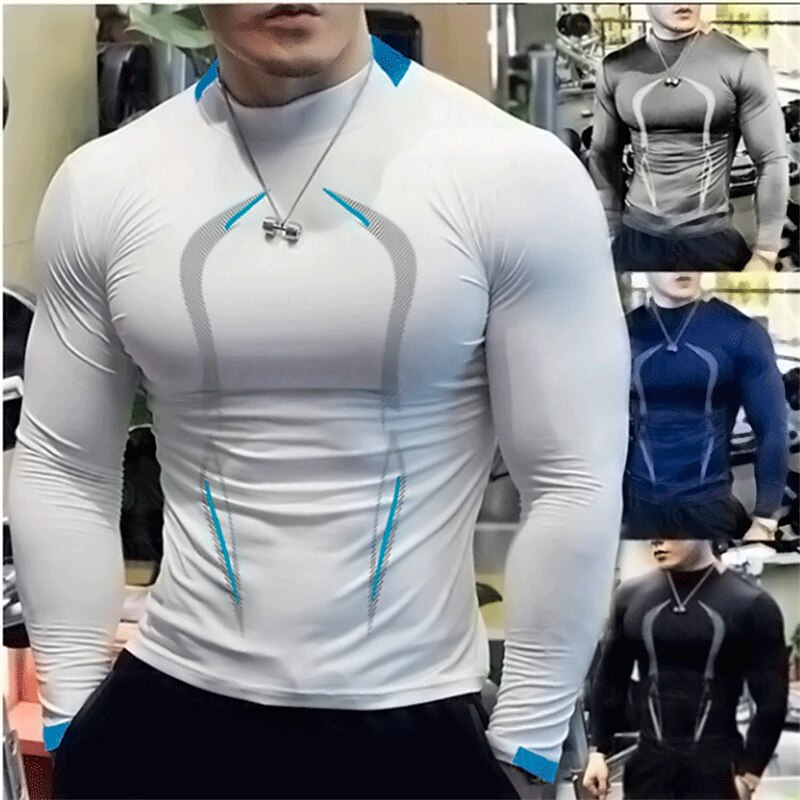 Men's Compression Shirt Running Shirt Long Sleeve Base Layer Athletic Athleisure Spring Striped Quick Dry Sweat wicking Power Flex Breathable Jogging Training Bodybuilding Sportswear Activewear Black2