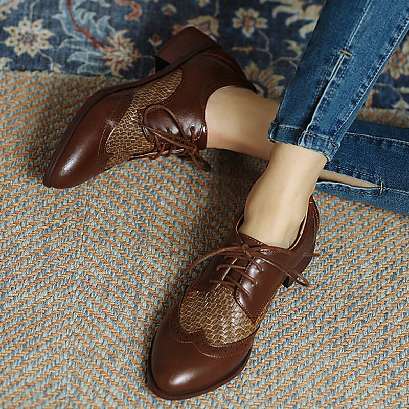 Women's Oxfords Brogue Plus Size Wingtip Shoes Outdoor Daily Solid Colored Low Heel Chunky Heel Pointed Toe Elegant Casual Minimalism PU Leather PU Lace-up Black Brown2