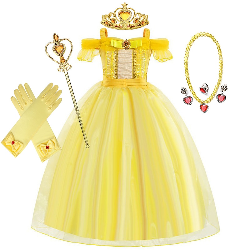 Sleeping Beauty Beauty and the Beast Fairytale Princess Belle Flower Girl Dress Theme Party Costume Tulle Dresses Girls' Movie Cosplay Halloween Yellow With Accessories Dress World Book Day Costumes