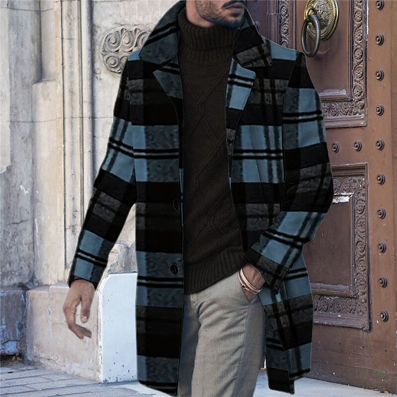 Men's Plaid Graphic Prints Winter Coat Overcoat Coat Warm Comfortable Breathable Fashion Streetwear Business Work Wear to work Going out Pocket Print Fall & Winter Turndown Long Sleeve Yellow Blue3