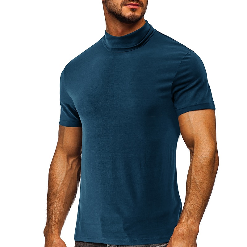 Men's T Shirt Turtleneck shirt Short Sleeve High Neck Summer Plain Stylish Modern Contemporary Comfort Vacation Going out Casual Daily Wine White Dark Navy Top Tee for Men